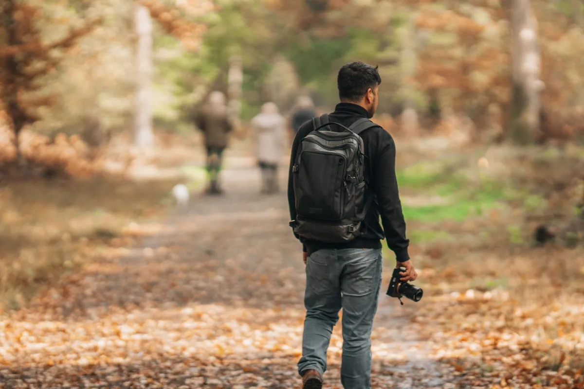 Un homme avec un sac à dos marche sur une allée bordée d’arbres en automne.
